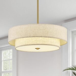 VONLUCE 18″ Modern Drum Chandelier, 4-Light Fabric Pendant Light Fixture | 2-Tier Linen Shade Hanging Light Fixture with E26 Base for Dining Room, Bedroom and Living Room, Gold Finish