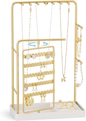 ProCase Jewelry Stand Holder Organizer, Jewelry Display Storage with Ring Tray, Rotating Earring Bracelet Necklace Holder, Valentine’s Gifts Room Dorm Decor for Teen Girls -Gold (No-Assembly)