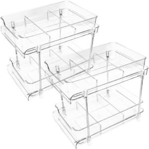 2 Pack Bathroom Storage Organizer with Dividers, 2-Tier Clear Vanity Counter Makeup Storage, Stackable Pull Out Under Sink Organizers for Bathroom Kitchen Pantry
