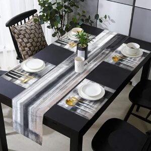 Black and Grey Modern Table Runner and Place Mats Set of 6 Abstract Black and White Gray Pink Linen Dining Mat Sets Washable Ivory Tabletop for Home Table Decorations 70 Inches Long