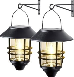 2 Pack Solar Lanterns Outdoor, Hanging Solar Lights for Outside Glass Metal with Wall Mount Bracket,Waterproof Auto Dusk to Dawn Garden Lantern for Fence Porch Decor- Warm White