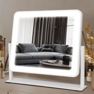 Vanity Mirror with Lights, 14″×12″ LED Makeup Mirror, HD Professional Mirror, Smart Touch with 3-Color Lighting, Dimmable, 360° Rotation, Lighted Up for Makeup Desk, Bedroom (White)
