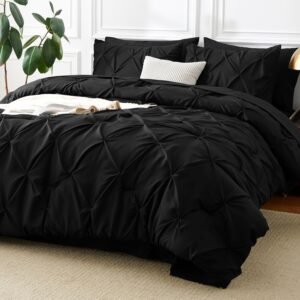 CozyLux Queen Comforter Set Black, 7 Pieces Pintuck Bed in A Bag, All Season Comforter Queen Size, Bed Set Gift for Family, Pinch Pleat Bedding Sets with Comforter, Sheets, Pillowcases & Shams