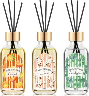 3 Pack Reed Diffuser Set, Linen Eucalyptus Citrus Scented Oil Reed Diffusers for Home, Bathroom, Office Decor, Aromatherapy Diffuser with 15 Sticks, 1.7 Fl. Oz Each, Total 5.1 Fl. Oz