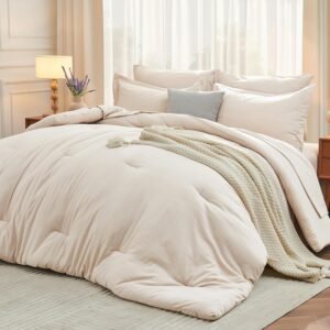 MUXHOMO 7 Pieces Queen Comforter Set, Soft Bed in a Bag Queen Size, All Season Bedding Set with Comforter, Flat Sheet, Fitted Sheet, Pillowcases & Shams, Beige