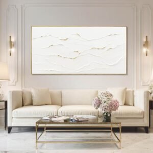 WINKAILIN Minimalist White and Gold Line Artwork with Frame Hand Painted Abstract Canvas Wave Wall Art for Bedroom Living Room Office 24″x48″