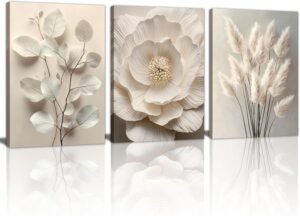 WENGTIAO 3Pcs Beige Floral Botanical Frame Canvas Wall Art, Neutral Textured Flower Plant Wall Painting Picture Wall Decor Vintage Blossom Prints for Bedroom Living Room Reay to Hang 12″x16″x3Pcs