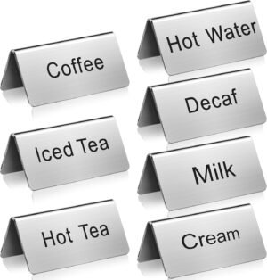 Hicarer 7 Pcs Stainless Steel Coffee Tent Signs Table Coffee and Tea Sign Table Beverage Display Signs for Party Buffet Restaurant Banquet Wedding Indoor Outdoor, 2.99” x 1.5”