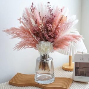 Blush Pink Dried Pampas Grass Bouquet, Boho Preserved Hydrangea Floral Arrangement, Soft Pink & White Dried Flowers, Romantic Neutral Dried Floral Decor for Wedding, Home, Living Room, Bedroom