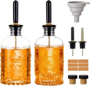 Baalaka 2 Pack Glass Coffee Syrup Dispenser Bottles Set, 7 OZ Simple Syrup Bottles with Metal Pour Spout, Syrup Dispenser for Coffee Bar Accessories for Maple Honey Syrup Oil and Sauces