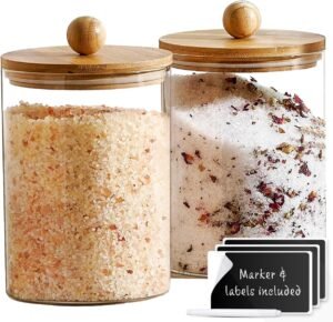 Le’raze 1 Gallon Glass Canister Set for Kitchen Counter with Airtight Bamboo Lids + Marker & Labels – of 2 Large Cookie Jars Wooden Lid, Food Storage Containers Pantry, Flour, Sugar, Pasta, Candy,