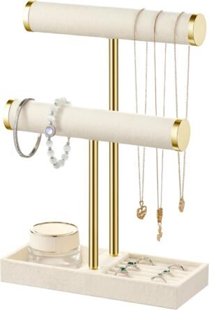 bussdis 2 Tier Bracelet Holder Display – Detachable T Bar Beige Velvet Bracelet Holder, Jewelry Holder Organizer for Bracelet, Necklace, Earrings, Rings