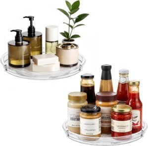 LAMU 2 Pack Lazy Susan Organizer, 9” Clear Lazy Susan Turntable for Cabinet, Fridge, Kitchen, Pantry, Countertop, Table Top, Refrigerator Organizers and Storage, Seasoning and Spice Organizer