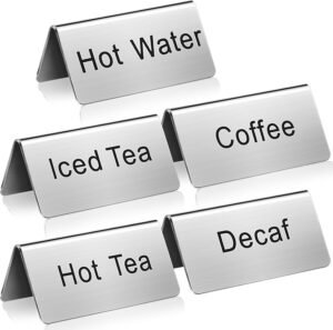 Hicarer 5 Pcs Stainless Steel Table Tent Sign Coffee Signs Tea Beverage Table Display for Party Buffet Restaurant Banquet Wedding Indoor Outdoor, 2.99 x 1.5”