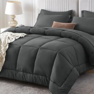 Sasttie Queen Comforter Set, 7 Pieces Bed in a Bag Queen, Complete Bedding Set Includes Grey Comforter, Flat Sheet, Fitted Sheet, Pillowcases and Pillow Shams, Dark Grey