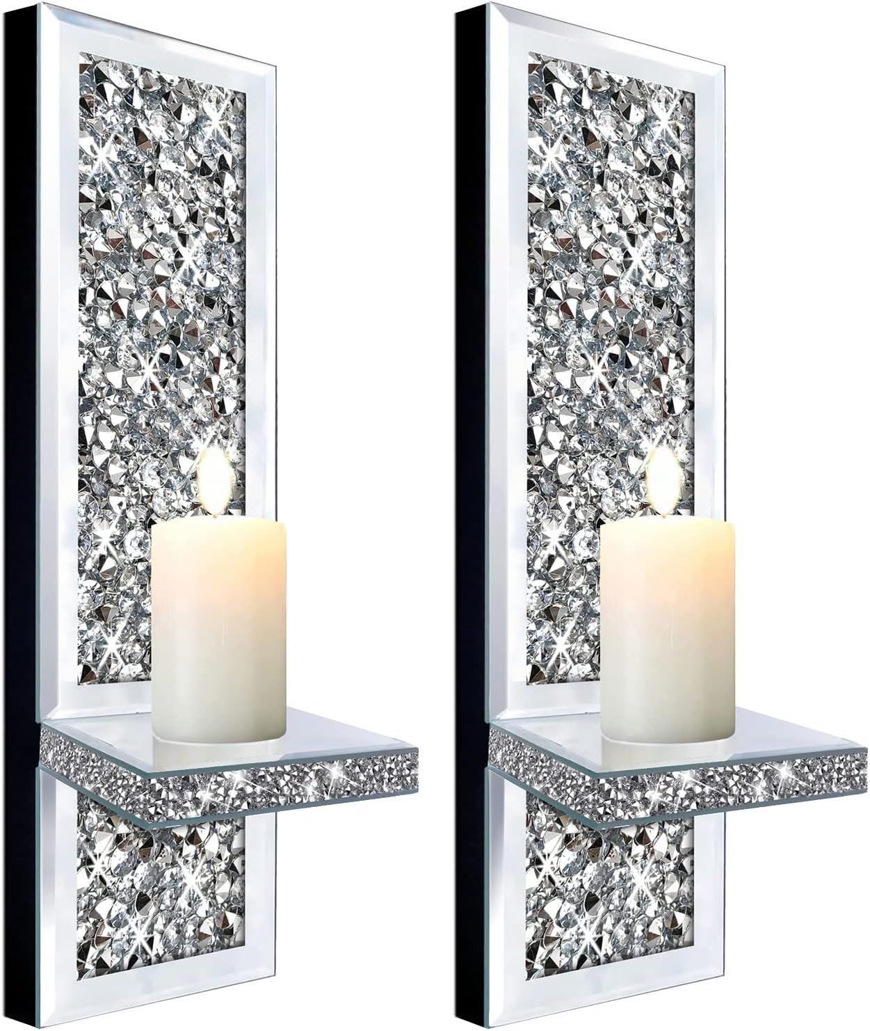 ZOLAPI Set of 2 Crystal Crush Diamond Candle Sconces, Gorgeous Silver Mirrored Wall Sconce, Candle Holder Glass Wall Decorations for Home Décor, Living Room, Dining Room.