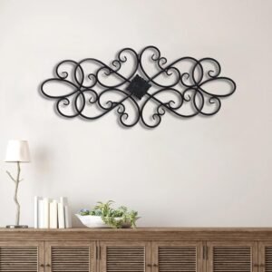 Sintosin Black Wrought Iron Wall Decor 32″ x 13″, Hanging Flower Scroll Metal Wall Art Decor, Living Room Wall Decor, Vintage House Decorations for Indoor Outdoor Fireplace Bedroom