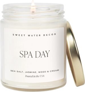Sweet Water Decor Spa Day Soy Candle – Sea Salt, Jasmine, Wood and Cream Scented Spring Candles for Home – 9oz Clear Jar + Gold Lid, 40+ Hour Burn Time, Made in The USA
