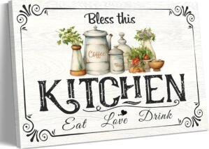 Pyvrah Kitchen Canvas Wall Art Vintage Rustic Wall Decor Print Bless this kitchen Painting Picture Farmhouse Artwork for Country Restaurant Home Decoration 16x12in Can be hung directly