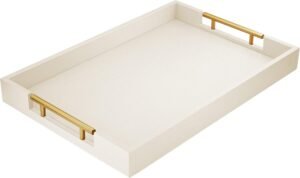 ATZYmolin 17″ x 12″ Wood Serving Tray with Gold Polished Metal Handles, Home Decorative Wooden Rectangle Ottoman Leather Decor Platter Bathroom Vanity Tray for All Occasions White