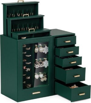 Homde Large Jewelry Box/Organizer/Case with Glass Window, Drawers for Necklaces Earrings Rings Bracelets Watches Gift for Women Girls