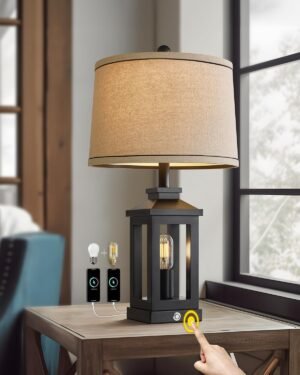 G-SAFAVA 23.75″ Retro Farmhouse Black Table Lamp for Living Room Bedroom Nightstand Single Pack Touch Control Bedside Nightlight Vintage Modern Lamp with USB C+A Ports and 2 Light Sources