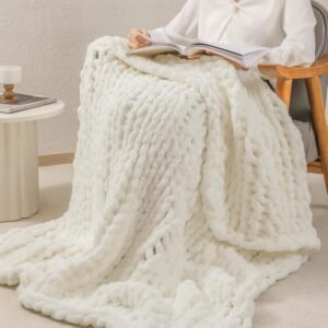bearberry Chunky Knit Throw Blanket 60×80 Inches Handmade, Soft Jumbo Chenille Yarn with Cable Rope Knot Design, Thick Cozy Large Blanket for Couch, Sofa, Bed & Living Room Home Decor, Cream