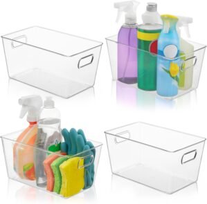 Set of 4 Clear Plastic Storage Bins With Handles, Containers To Organize Pantry, Fridge, Cabinet, Kitchen, Countertop, Closet, Cupboard, Home Organization and Storage