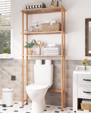AmazerBath Over The Toilet Storage Bamboo, Bathroom Over Toilet Organizer Rack, 3-Tier Freestanding Above Toilet Shelf for Bathroom, Laundry, Space Saver, Natural Color