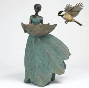 DiliComing Fairy Garden Statues Bird Feeder – 12 Inch Resin Outdoor Fairy Statue for Garden Decor, Decorative Patio Yard Lawn Flower Bed Figurine, Garden Gifts for Women (Green)