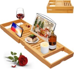 Artmalle Luxury Bathtub Caddy Tray for Tub – Foldable Bamboo Bath Table Tray with Book and Wine Glass Holder, Expandable Bathroom Accessories for Spa or Reading Lite Style