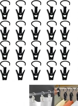 20 Pcs Hat Clips for Hanging & Laundry Hooks, 360° Rotating Clips Hooks, Multifunctional Towel Clips, Shower Curtain & Curtain Hooks for Home Storage Bathroom Wardrobe Kitchen (Black)
