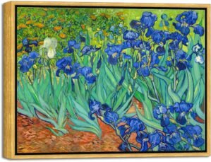 Wieco Art Framed Wall Art Canvas Prints Irises By Van Gogh Famous Flowers Oil Paintings Reproduction Abstract Canvas Prints for Home Living Room Decorations Bronze Gold Frame