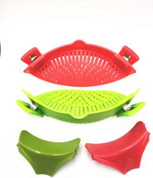 2 Packs Strain Pan Strainer, Clip-on Silicone Strainer with Slip-On Bowl Pour Spout Free for Draining Food While Cooking or Pouring Liquid, Universal Size Fits Most Pans Pots Bowls (red+green))