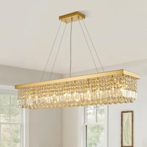 Siljoy Rectangular Gold Crystal Chandelier for Dining Room, 10-Light Modern Rectangle K9 Crystal Raindrop Chandelier, Luxury Dimmable Crystal Ceiling Light for Living Room Kitchen Island L47”