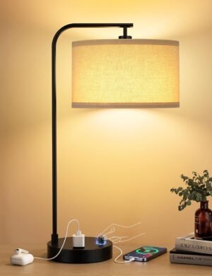 Innqoo Tall Table Lamp with USB Port and Outlet, Dimmable Nightstand Bedside Lamps with Linen Lampshade, Desk Lamp for Bedroom, Living Room, Guest Room, Home Office, LED Bulb Included