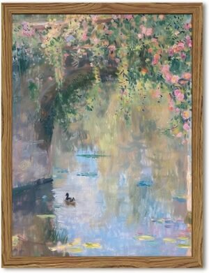 Framed Vintage Monet Canvas Wall Art, Floral Landscape Wall Decor Paintings, Country Nature Pictures Prints Aesthetic Home Decor for Living Room Bedroom Bathroom 12×16 inch