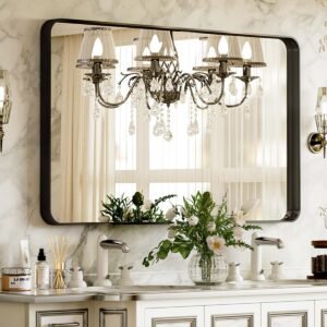 VooBang Bathroom Mirror 24×32 inch, Black Gorgeous Deep Frame Wall Mirror, Modern Round Corner Bathroom Vanity Mirror for Bedroom, Living Room, Hanging or Leaning Horizontal or Vertical, Black