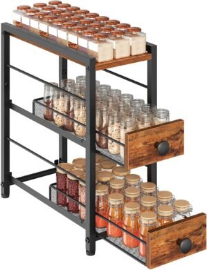 YATINEY Spice Rack, 3-Tier Pull Out Spice Rack Organizer for Countertop, Narrow Kitchen Countertop Storage Shelf with 2 Drawers, for Kitchen, Cafe, Rustic Brown and Black SR02BR