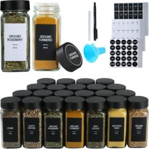 48 Glass Spice Jars with Labels, Spice Jar Set, 4oz Spice Containers, Seasoning Containers with Black Airtight Lids and Shaker Lids, Square Empty Spice Bottles, 492 Labels, 1 Funnel