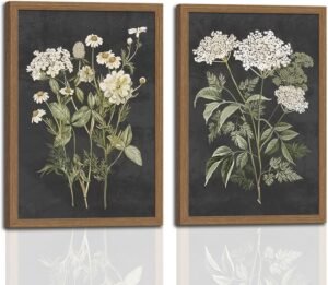 2Pcs framed Vintage White Floral Botanical Wall Art Set of Framed Canvas Prints Pictures withWooden Frame Farmhouse Wall Decor for Living Room Bedroom Can be hung directly12x16in