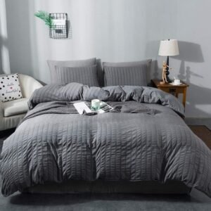 AveLom Gray Duvet Cover King Size, Textured Seersucker Duvet Cover Set, Soft Washed Microfiber with Zipper Closure and Corner Ties, 3 Pieces, 104″ x 90″ Duvet Cover & 2 Pillowcases