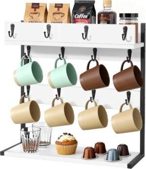 Coffee Mug Rack Holder Wall Mount – 2 Tier Mug Rack Stand with Storage Base for 12 Cups for Kitchen, Dining Room Counter Organizer, Coffee Bar Decor Accessories