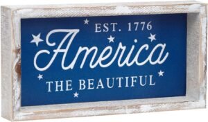 America 4th of July Sign, Embossed Metal Patriotic Decor with Distressed Wood Frame, Rustic Fourth of July Decorations Home Tabletop Plaque for Memorial Day, Independence Day Home Decor