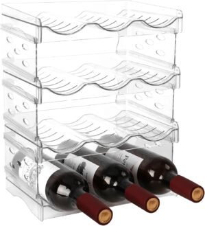 EZ COZY Wine Rack, 4 Tier Water Bottle Organizer for Cabinet, Stackable Clear Wine Holder for Pantry, Refrigerator, Countertop Organization (12 Bottles)