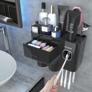 iHave Toothbrush Holders for Bathrooms, 2 Cups Toothbrush Holder Wall Mounted with Toothpaste Dispenser – Large Capacity Tray, Cosmetic Drawer – Tooth Brushing Holder & Bathroom Accessories