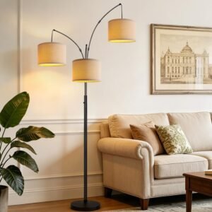 Dimmable 3 Lights Floor Lamp – 3000LM Super Bright Arc Floor Lamps for Living Room, Modern Tall Standing Lamp With Beige Shades, Mid Century Tree Floor Lamp for Bedroom Office, 3 LED Bulbs Included