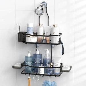 Aitatty Hanging Shower Caddy Bathroom Organizer: Rustproof Shower Shelf Racks Over Shower Head – No Drilling Inside Bath Shower Rack Shelves Over Showerhead for Shampoo with Soap Holder Black