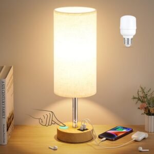 Dicoool Touch Bedside Table Lamp with USB – 3 Way Dimmable Wood Lamp for Bedroom Nightstand, Desk Lamp with Charging Station for Dorm, Living Room, Office, Kids Room, Small, 14in