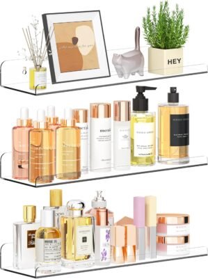 Qukaka Floating Shelves for Wall Decor, 15″ Extra Clear Wall Shelves for Bedroom, Living Room, Kitchen, Bathroom Decor, Nail Polish/Book/Decoration/Makeup/Perfume Organizer Floating Shelf-3Pack